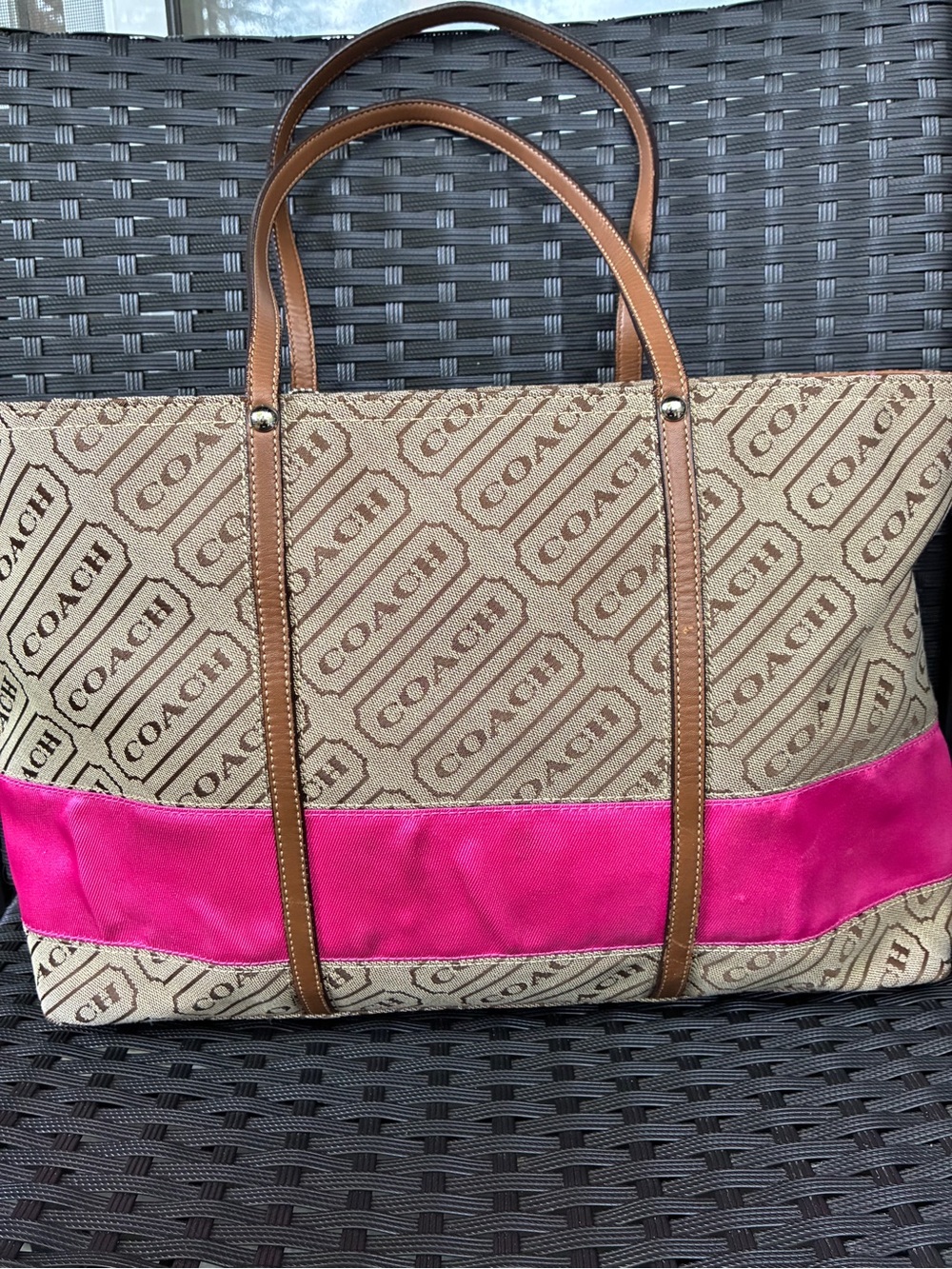 COACH Bag,Coach Tan Logo Canvas Tote with Pink Stripe and Brown Leather Trim